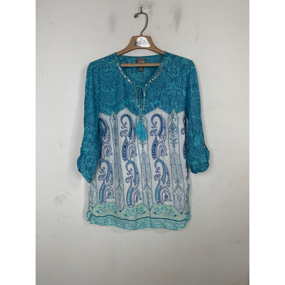 Chico's Blue Paisley Cotton Tunic Top Sequin‎ Neck Roll Tab Sleeve Womens Size 2